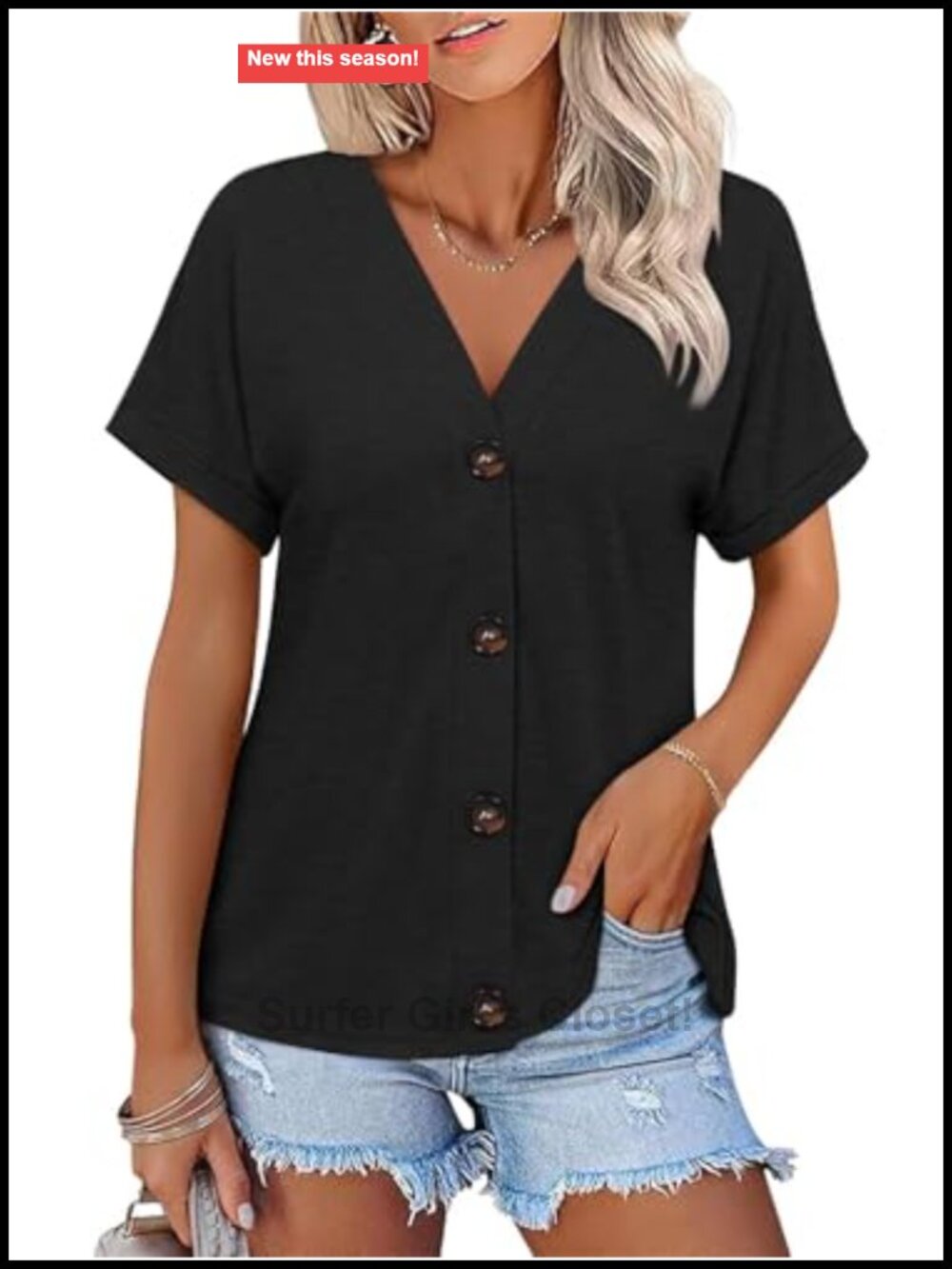 ORANDESIGNE Women's Short Sleeve Button Down Top V Neck Summer Shirt